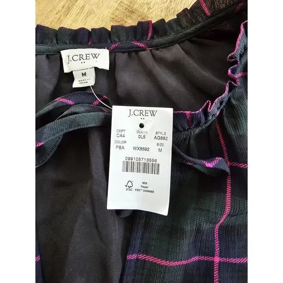 J. Crew Tartan Plaid Dress Ruffle Tie Collar Puff Sleeve Academia Preppy M NWT - Picture 11 of 14